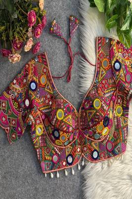 Women's rani pink mirror work navratri blouse | heavy gamthi embroidery italian silk choli 1