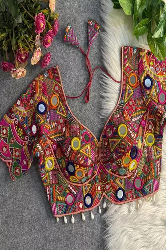 Women's rani pink mirror work navratri blouse | heavy gamthi embroidery italian silk choli