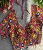 Women's rani pink mirror work navratri blouse | heavy gamthi embroidery italian silk choli