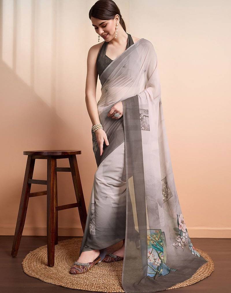 Mauve printed pure georgette casual saree with blouse piece
