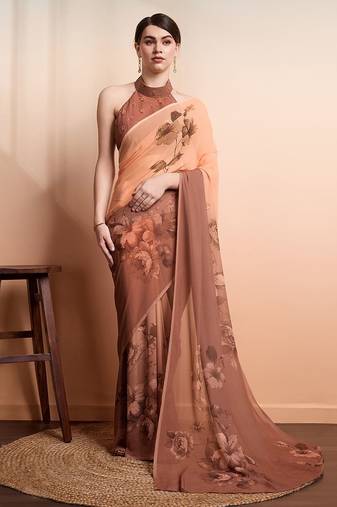 Brown printed pure georgette casual saree with blouse piece