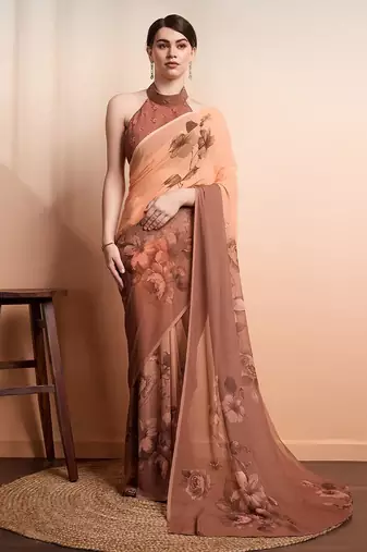 Brown printed pure georgette casual saree with blouse piece