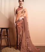 Brown printed pure georgette casual saree with blouse piece