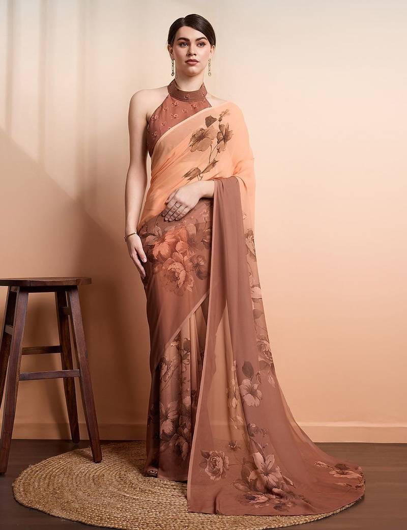 Brown printed pure georgette casual saree with blouse piece