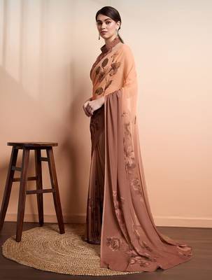 Brown printed pure georgette casual saree with blouse piece 2