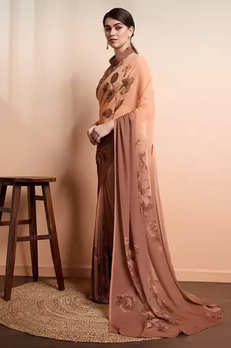 Brown printed pure georgette casual saree with blouse piece