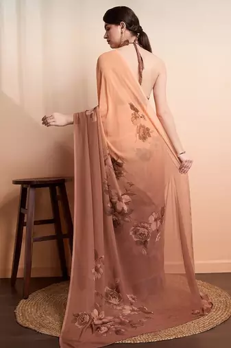 Brown printed pure georgette casual saree with blouse piece