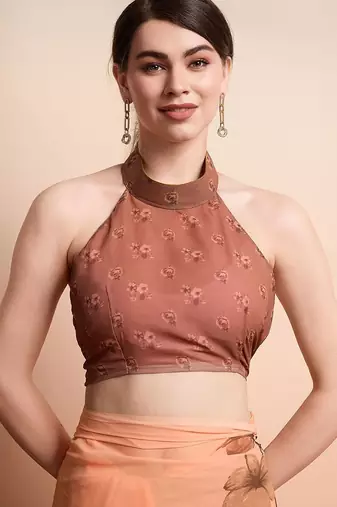 Brown printed pure georgette casual saree with blouse piece