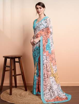 Blue printed pure georgette casual saree with blouse piece 1
