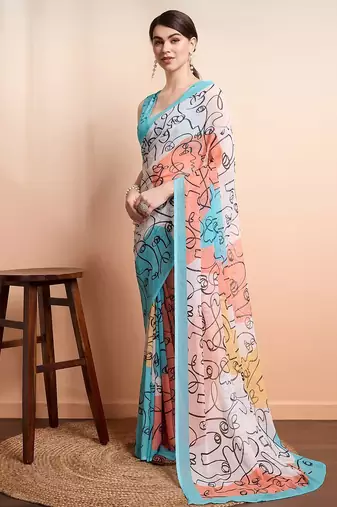 Blue printed pure georgette casual saree with blouse piece