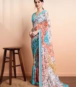Blue printed pure georgette casual saree with blouse piece
