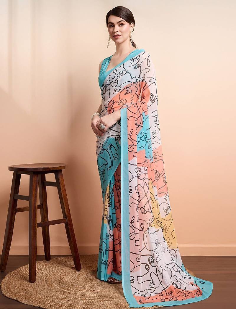 Blue printed pure georgette casual saree with blouse piece