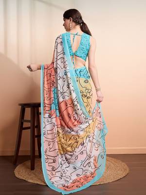 Blue printed pure georgette casual saree with blouse piece 2