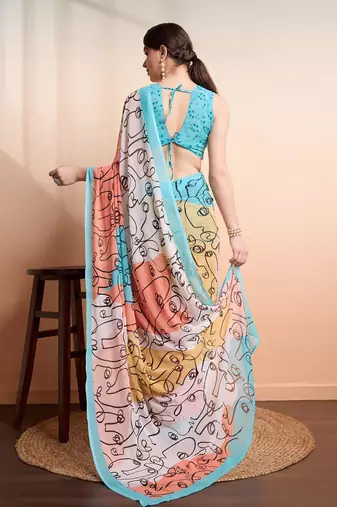 Blue printed pure georgette casual saree with blouse piece