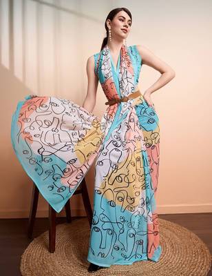 Blue printed pure georgette casual saree with blouse piece 3