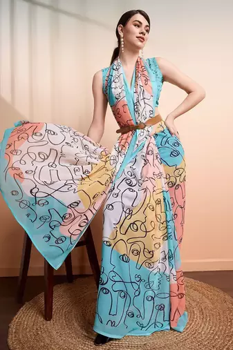 Blue printed pure georgette casual saree with blouse piece