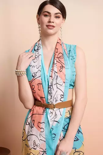 Blue printed pure georgette casual saree with blouse piece