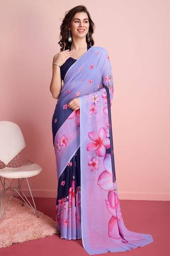 Purple elegant printed georgette saree with blouse piece