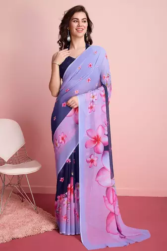 Purple elegant printed georgette saree with blouse piece