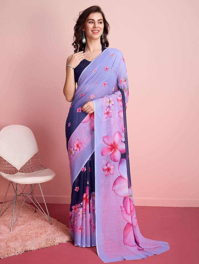 Purple elegant printed georgette saree with blouse piece