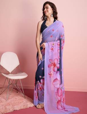 Purple elegant printed georgette saree with blouse piece 2