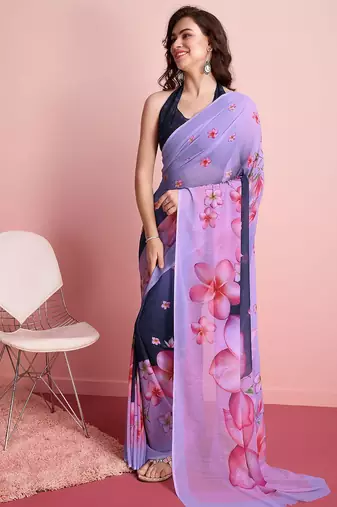 Purple elegant printed georgette saree with blouse piece