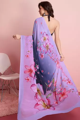 Purple elegant printed georgette saree with blouse piece