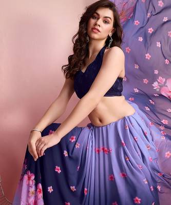 Purple elegant printed georgette saree with blouse piece 4