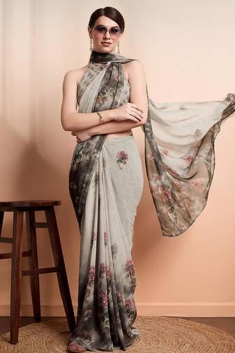 Silver printed pure georgette casual saree with blouse piece