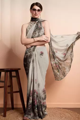 Silver printed pure georgette casual saree with blouse piece