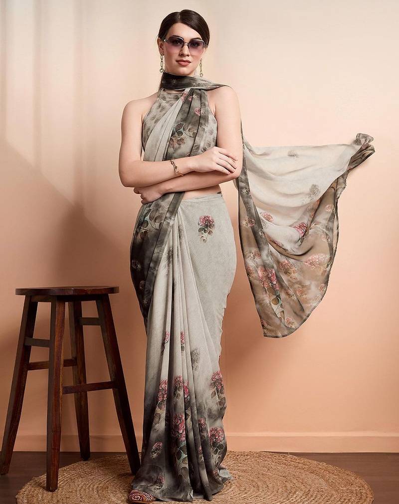 Silver printed pure georgette casual saree with blouse piece
