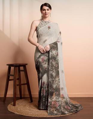 Silver printed pure georgette casual saree with blouse piece 2