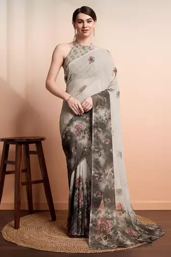 Silver printed pure georgette casual saree with blouse piece