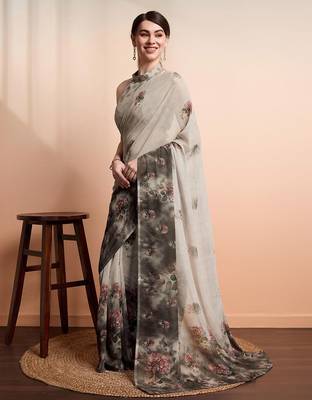 Silver printed pure georgette casual saree with blouse piece 3