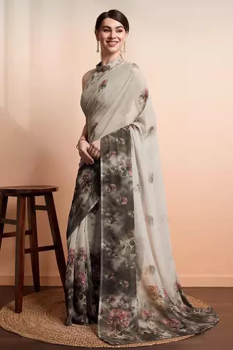 Silver printed pure georgette casual saree with blouse piece