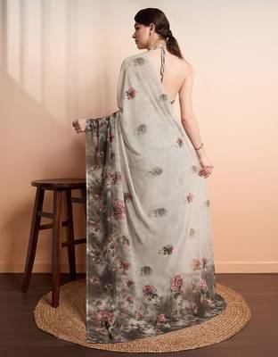 Silver printed pure georgette casual saree with blouse piece 4