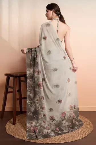 Silver printed pure georgette casual saree with blouse piece