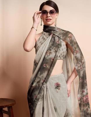 Silver printed pure georgette casual saree with blouse piece 5