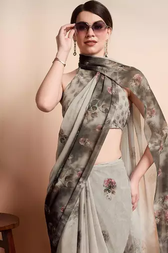 Silver printed pure georgette casual saree with blouse piece