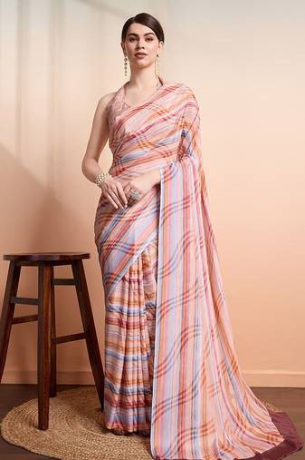 Peach printed crepe casual saree with blouse piece