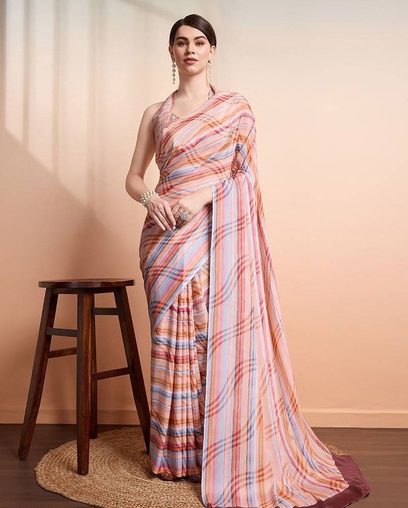 Peach printed crepe casual saree with blouse piece