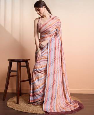 Peach printed crepe casual saree with blouse piece 2