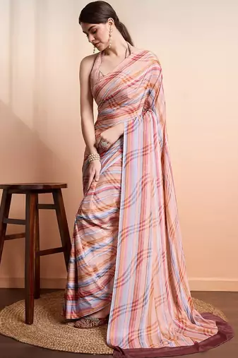 Peach printed crepe casual saree with blouse piece