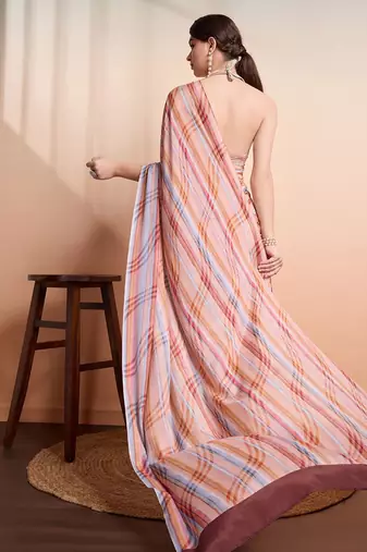 Peach printed crepe casual saree with blouse piece