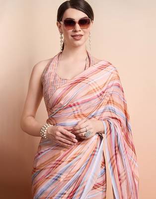 Peach printed crepe casual saree with blouse piece 4
