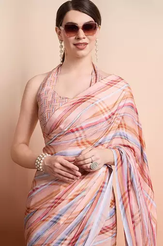 Peach printed crepe casual saree with blouse piece