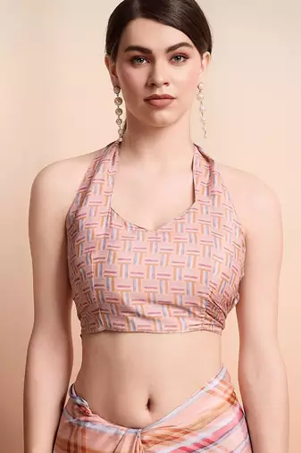 Peach printed crepe casual saree with blouse piece