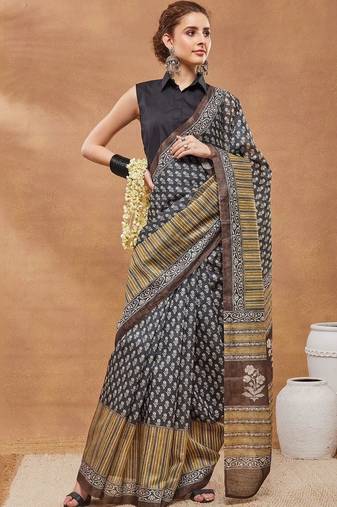Multi printed silk blend ethnic saree with blouse piece