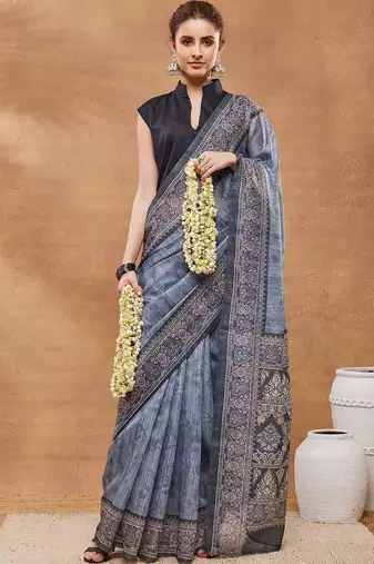 Blue printed silk blend ethnic saree with blouse piece