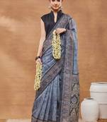 Blue printed silk blend ethnic saree with blouse piece
